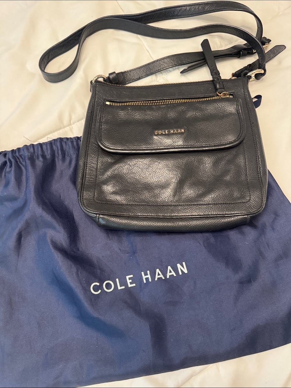 Cole Haan Black Pebbled Leather Crossbody with Gold Hardware